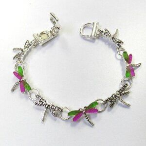 Silver Plated Pink & Green Dragonfly Charm Bracelet Magnetic Clasp New